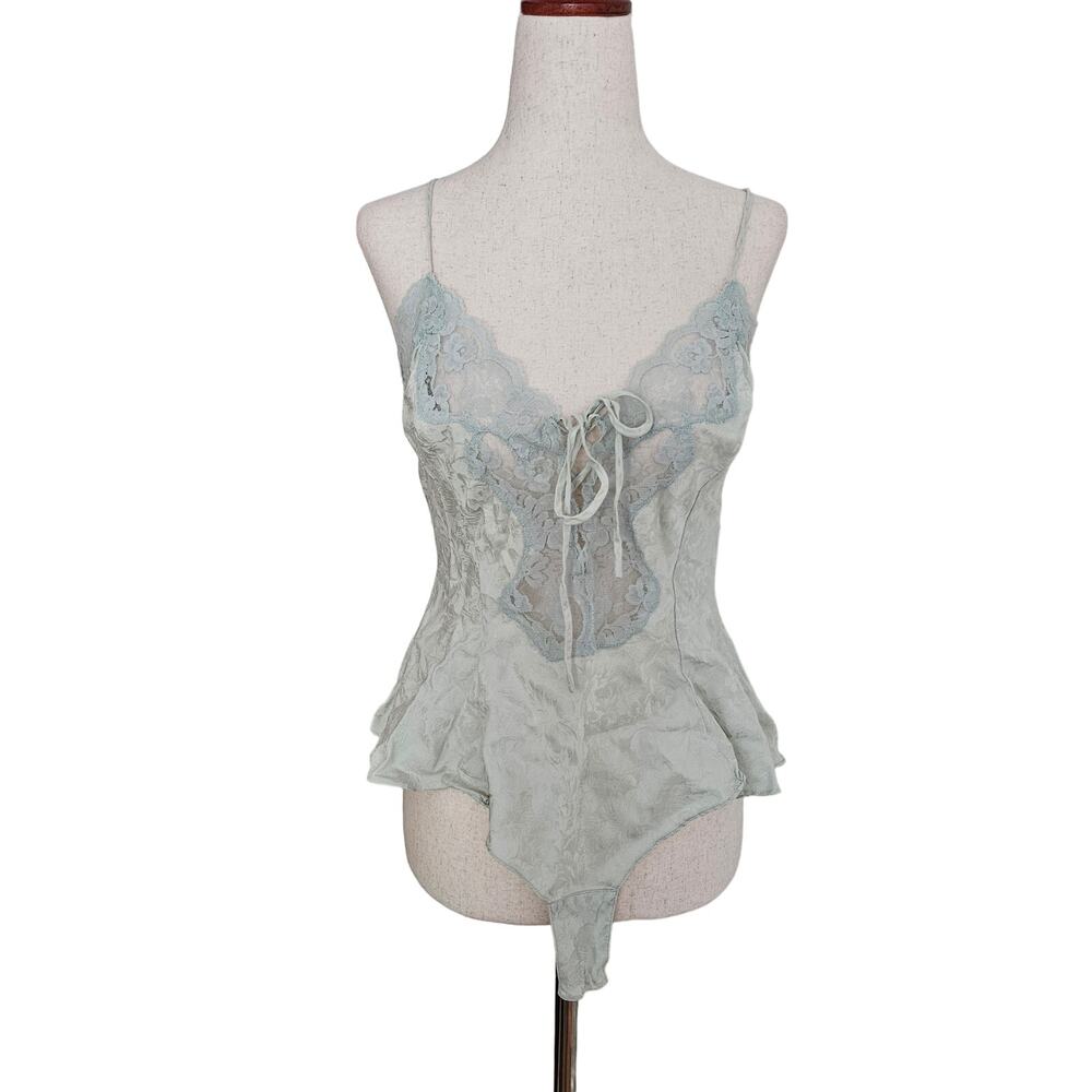 Vintage 90s Gold Tag Victoria's Secret Green Silk Floral Lace Bodysuit Small